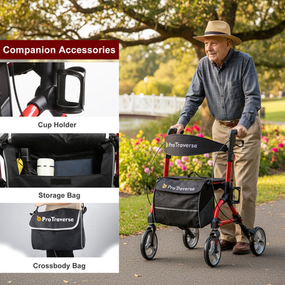 ar40 red rollator with cup holder and srorage bag