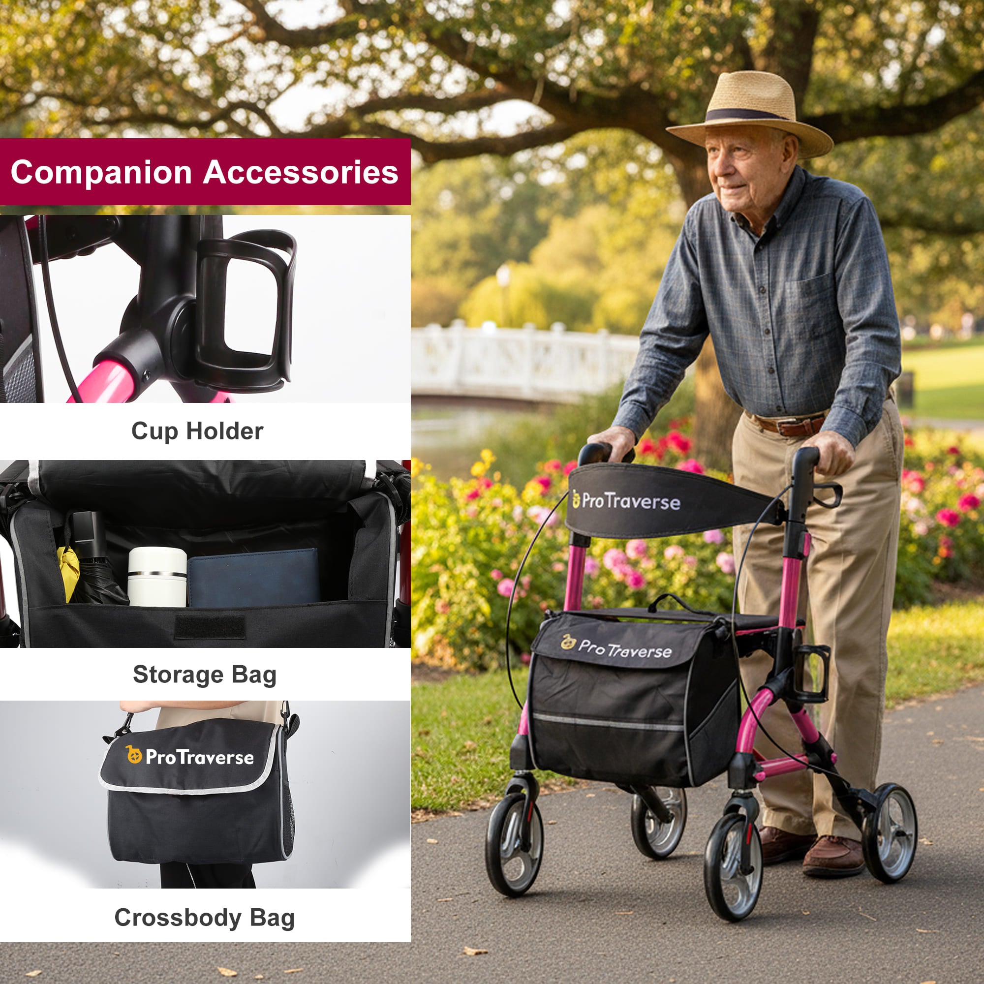 rollator with cup holder and storage bag#ar40 pink