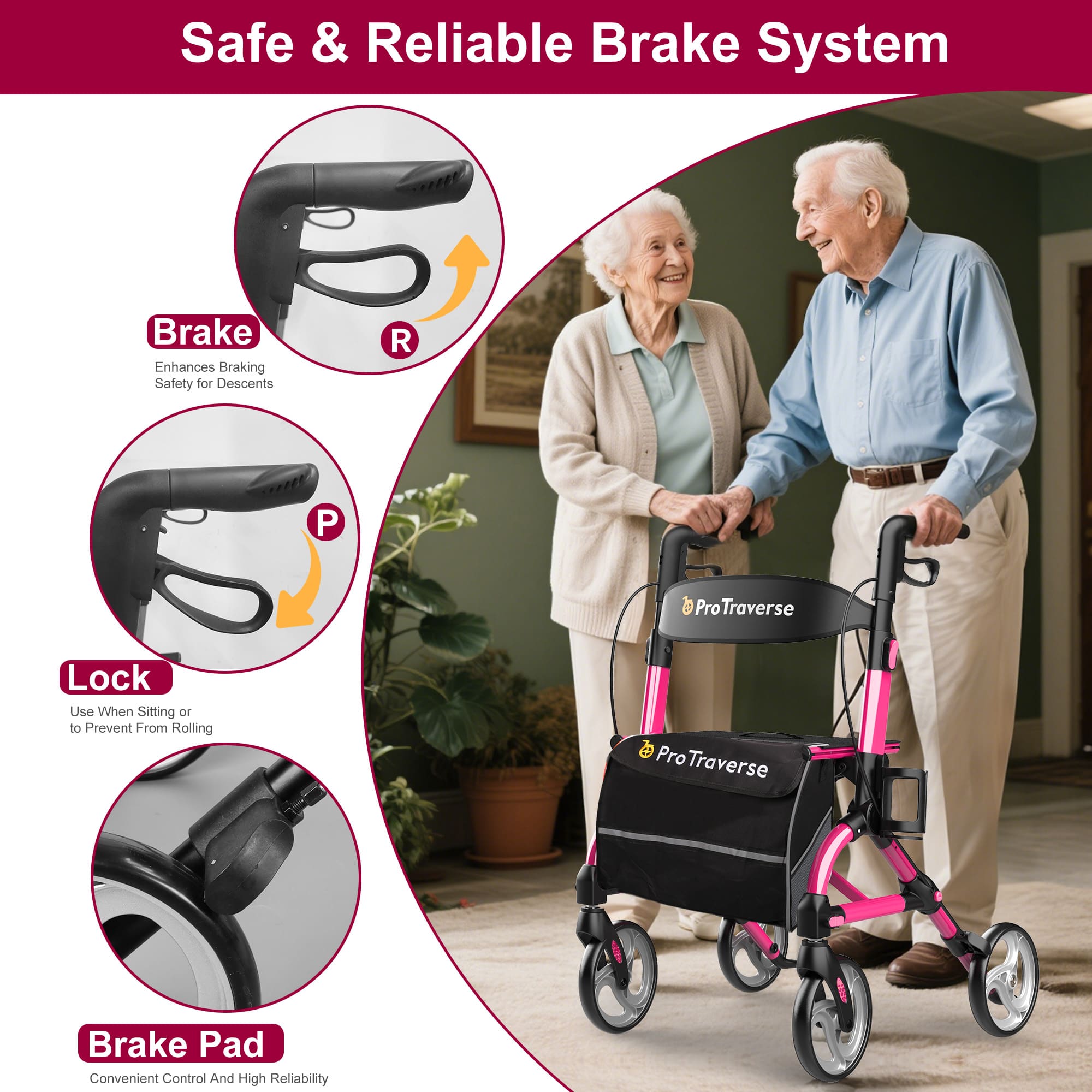 rollator with lock and brakes#ar40 pink