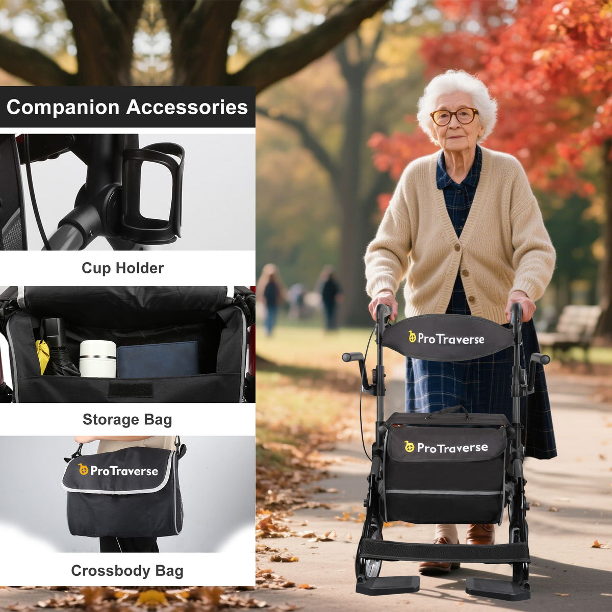 ar80 black rollator with cup holder and srorage bag