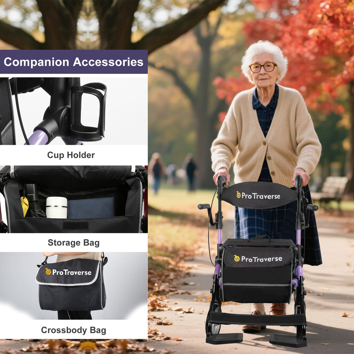 ar80 purple rollator with cup holder and srorage bag