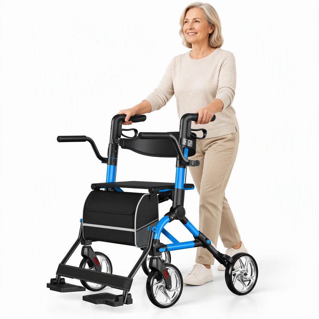 Clearance 2-in-1 Rollator Walker & Wheelchair for Seniors – Foldable, Seat, Cup Holder