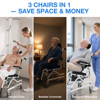 4-in-1 Reclining Shower Commode Wheelchair with Adjustable Comfort
