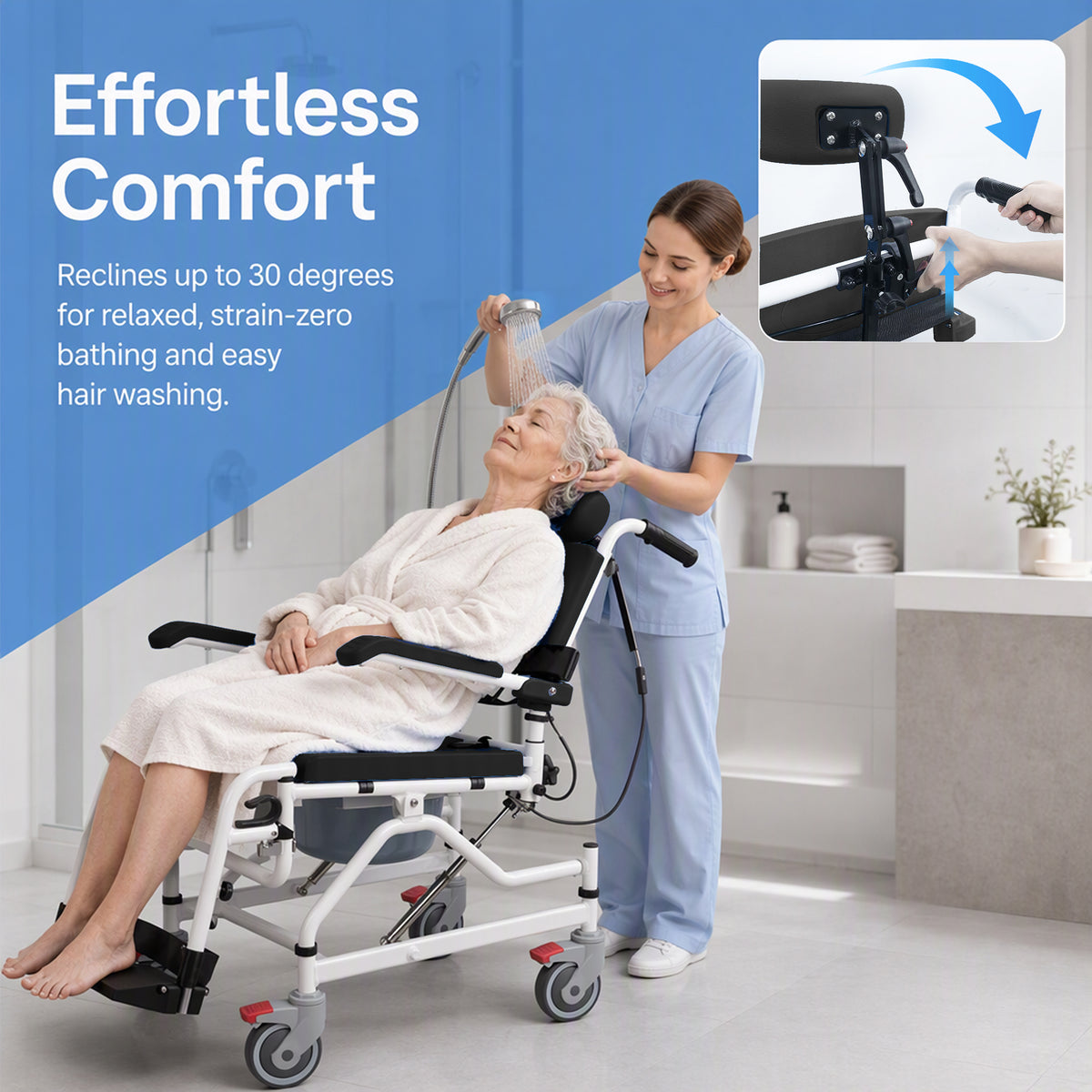 4-in-1 Reclining Shower Commode Wheelchair with Adjustable Comfort