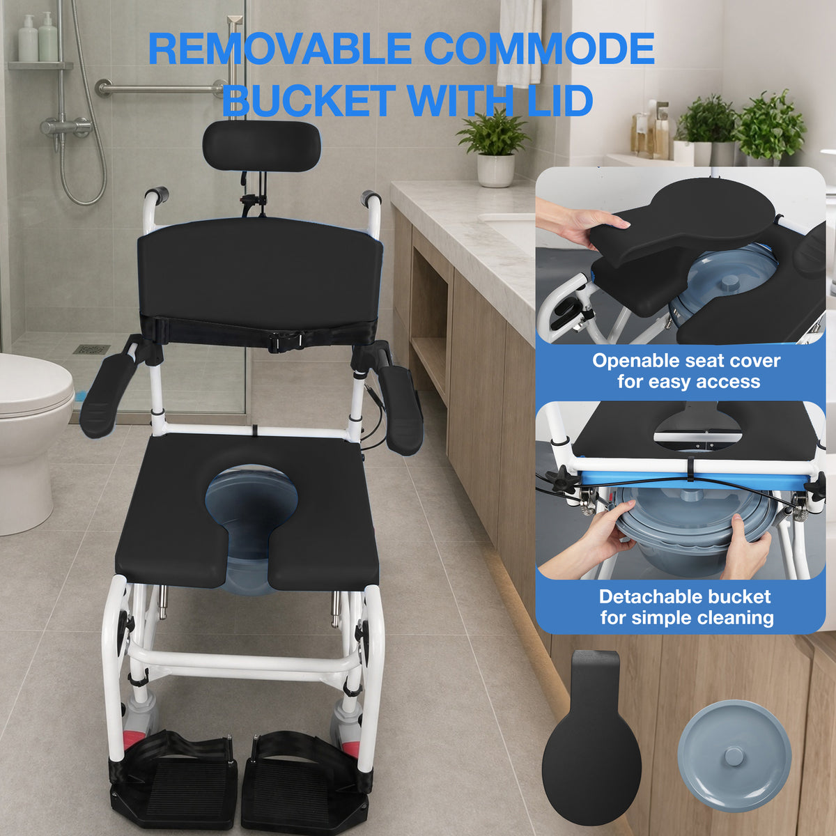 4-in-1 Reclining Shower Commode Wheelchair with Adjustable Comfort