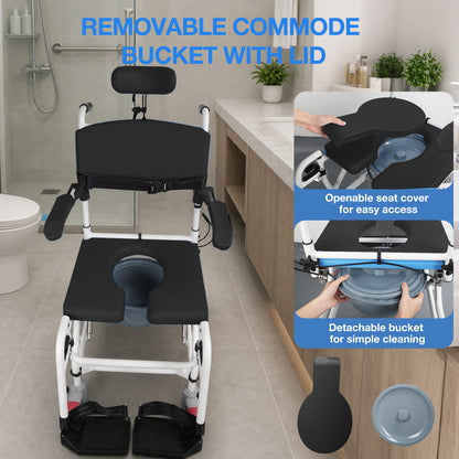 4-in-1 Reclining Shower Commode Wheelchair with Adjustable Comfort