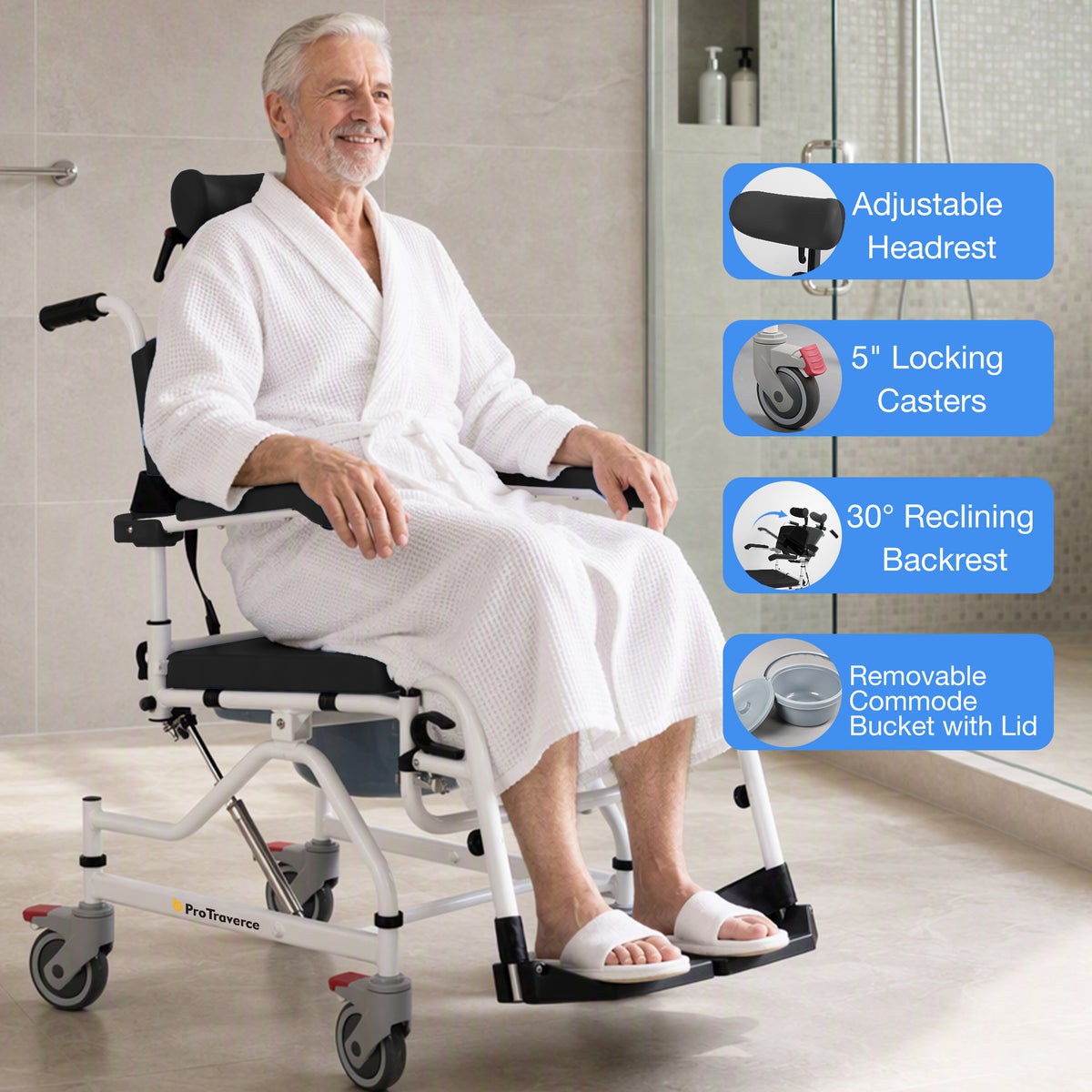 4-in-1 Reclining Shower Commode Wheelchair with Adjustable Comfort