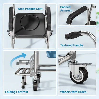 Shower Commode Wheelchair 3-in-1 for Home Care, 330 lb Capacity & Wheels