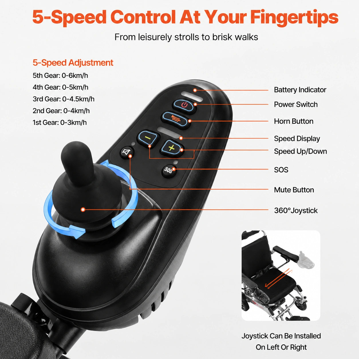 electric wheelchair joystick with 5 speed control and battery indicator