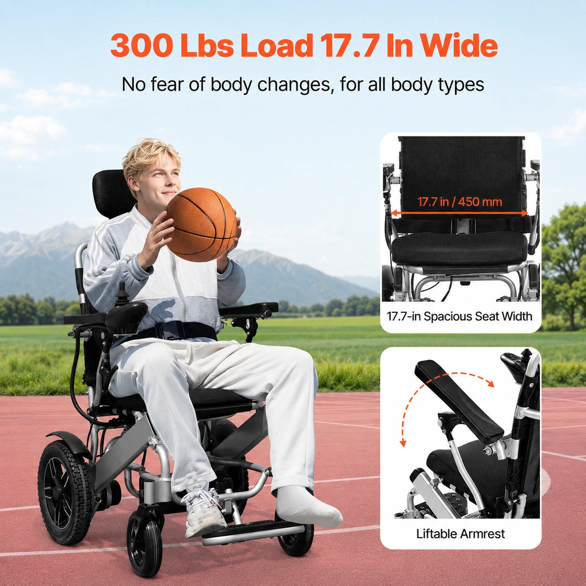 300 lbs capacity electric wheelchair with spacious 17.7 inch seat