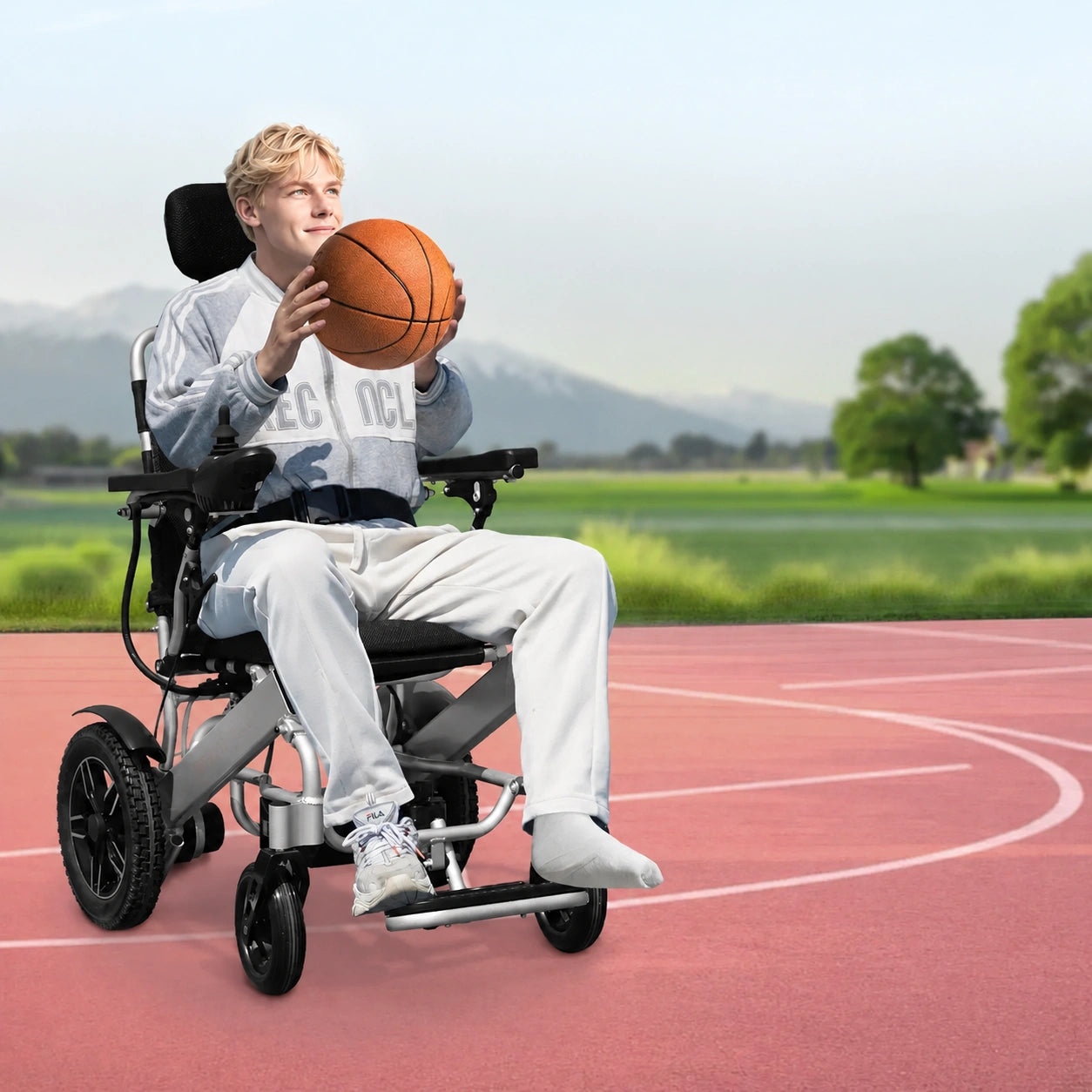 adult using lightweight electric wheelchair outdoors for mobility assistance