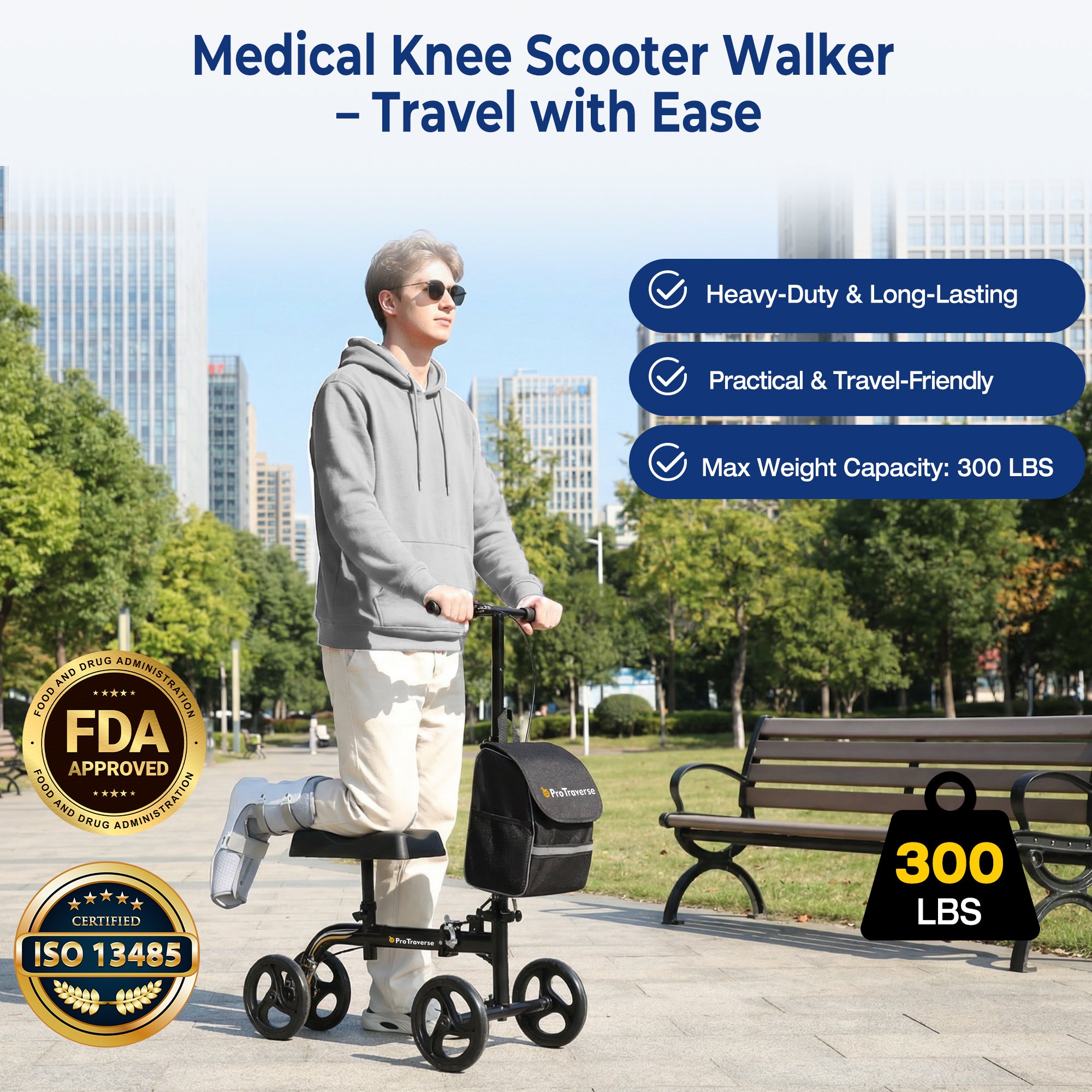 Foldable Knee Scooter with Comfort Knee Pad for Adults