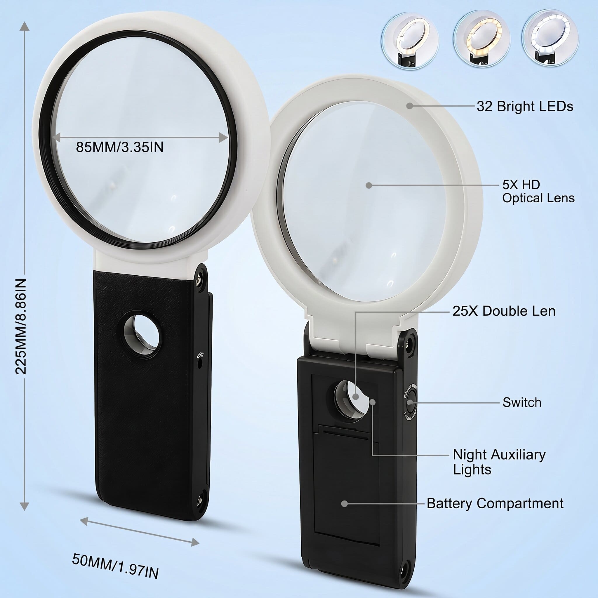 Magnifying Glass with Light, 5X Large Lens Magnifier with LED Lights, Foldable Stand & Case
