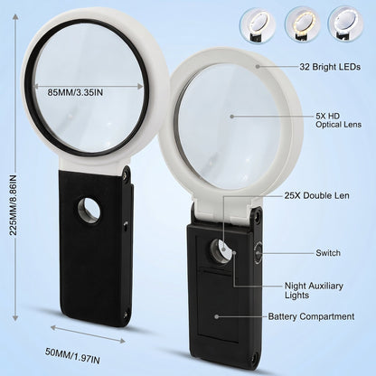 Magnifying Glass with Light, 5X Large Lens Magnifier with LED Lights, Foldable Stand & Case