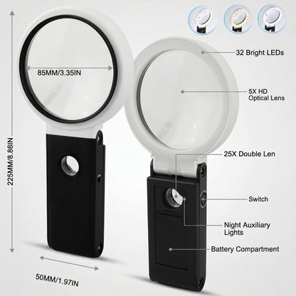 Magnifying Glass with Light, 5X Large Lens Magnifier with LED Lights, Foldable Stand & Case