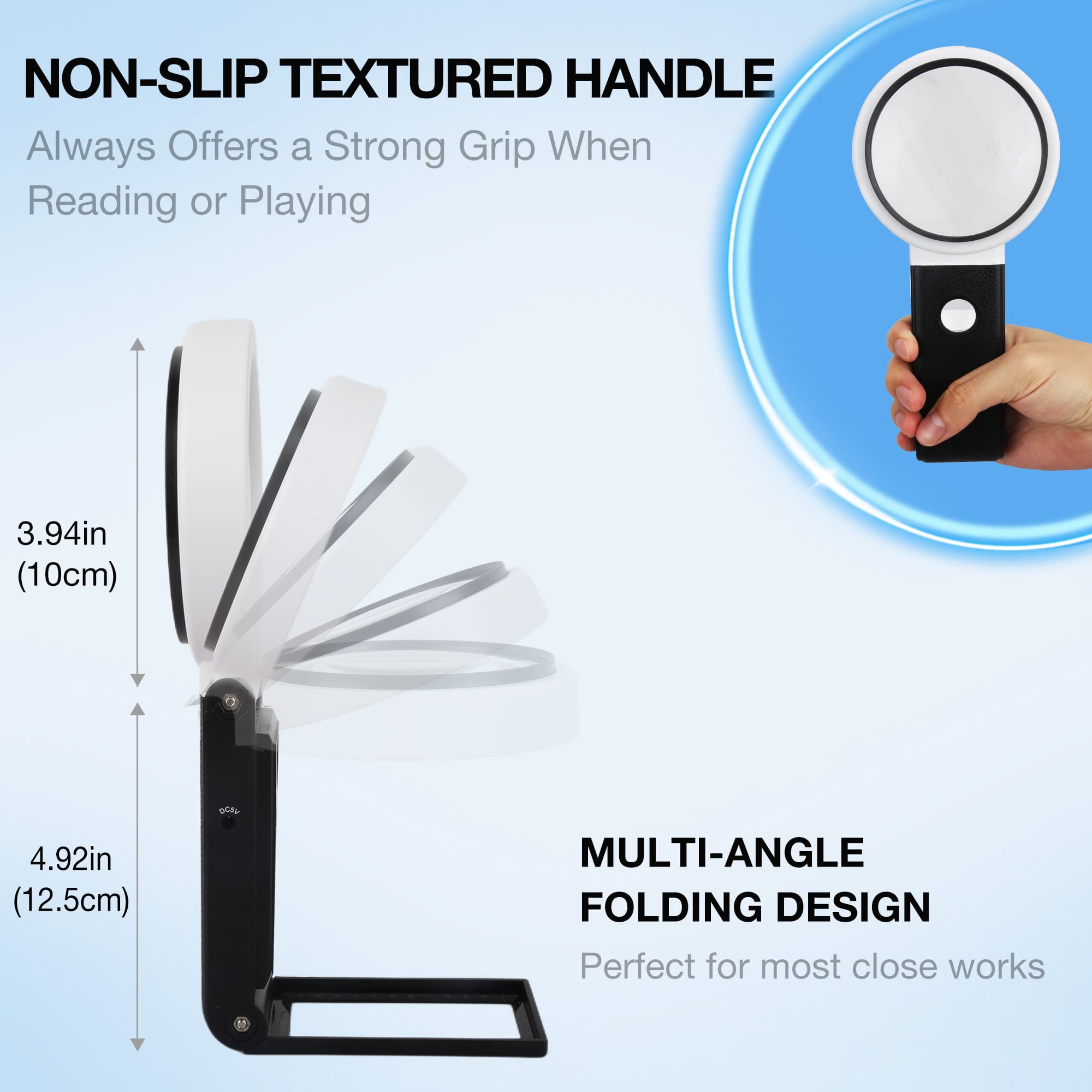 Magnifying Glass with Light, 5X Large Lens Magnifier with LED Lights, Foldable Stand & Case