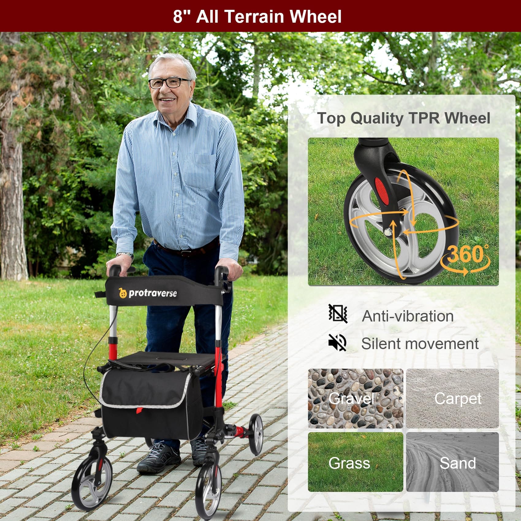 all terrain rollator with 8 inch wheels#ar60 red