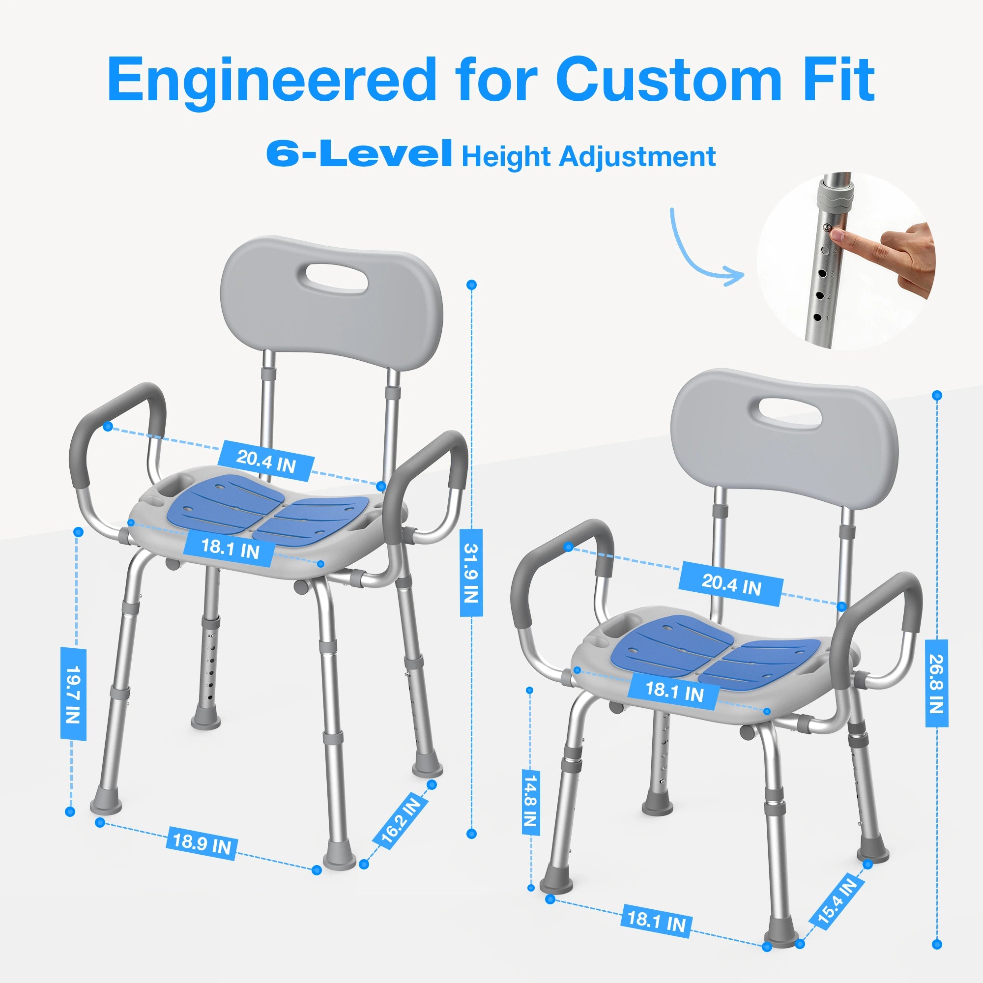 Heavy Duty Shower Chair with Arms & Back, Adjustable
