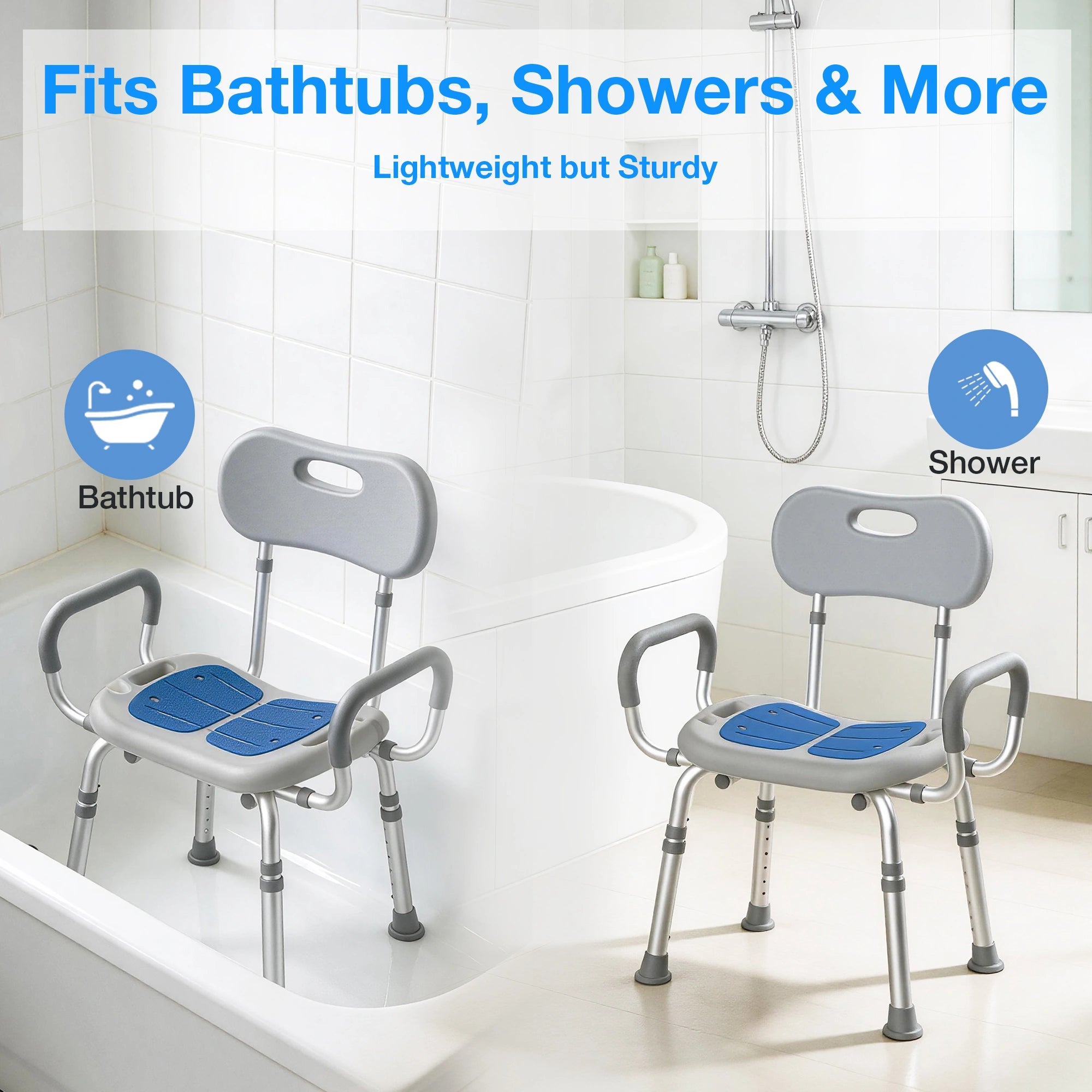Heavy Duty Shower Chair with Arms & Back, Adjustable