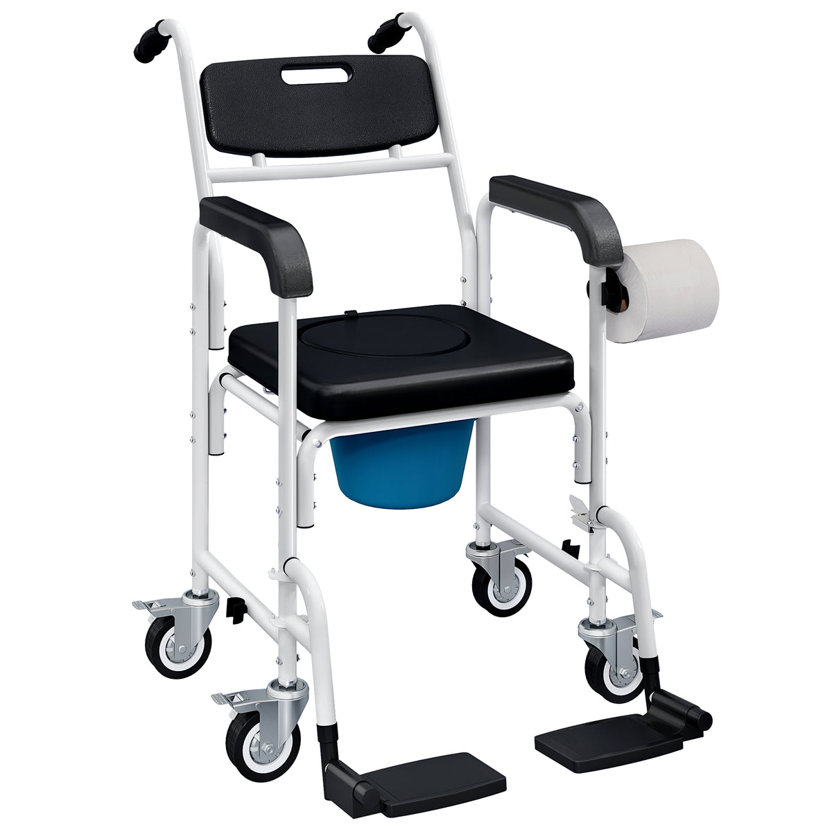 4-in-1 Rolling Shower Wheelchair Commode Chair for Seniors & Adults