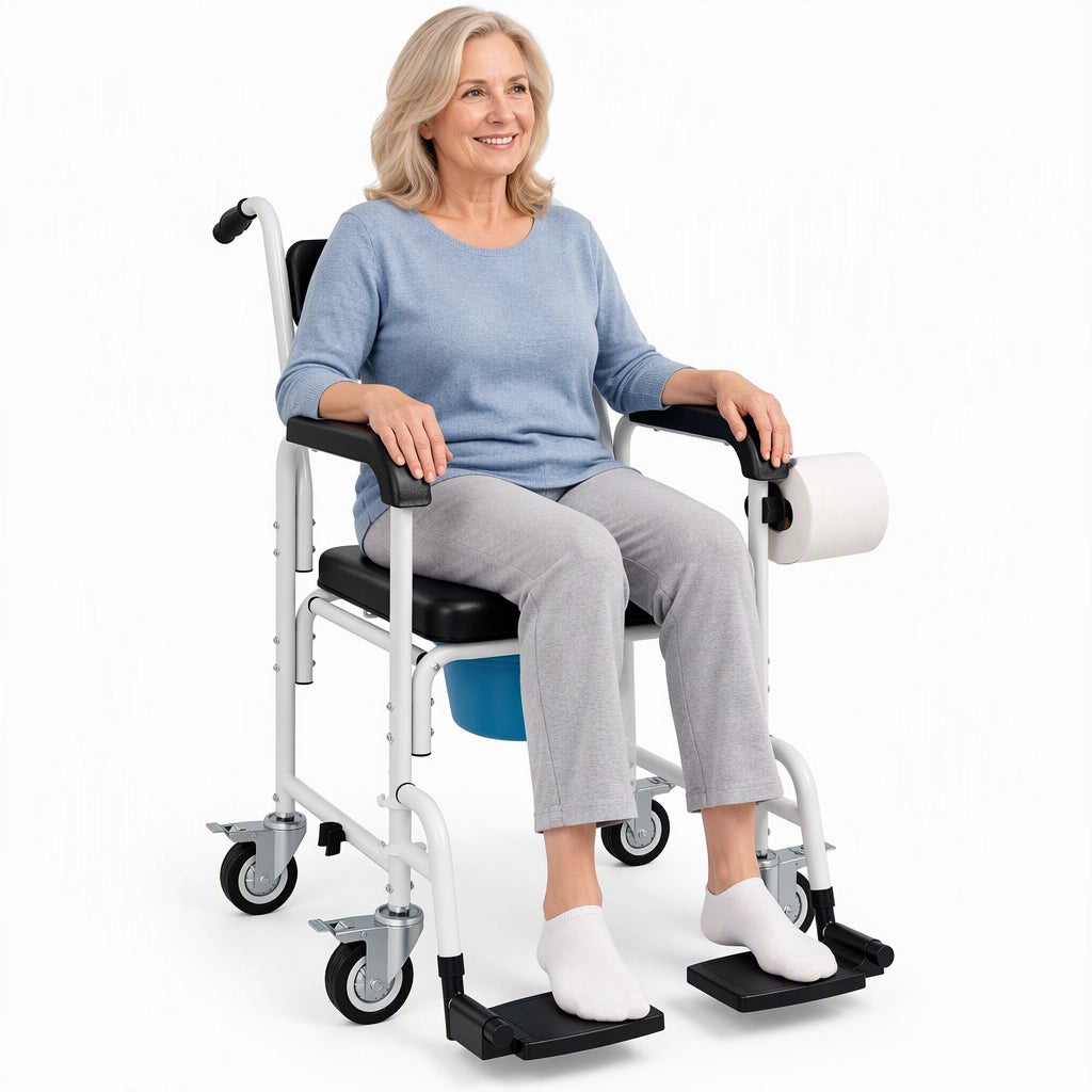 4-in-1 Rolling Shower Wheelchair Commode Chair for Seniors & Adults