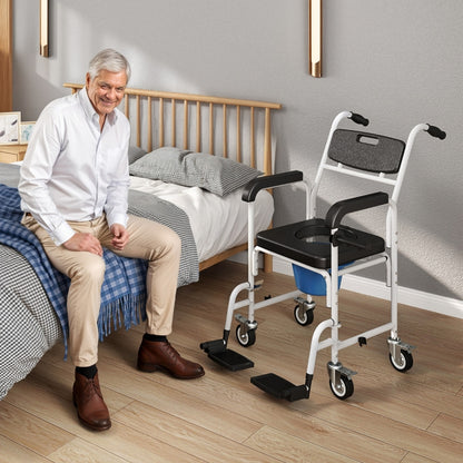 4-in-1 Rolling Shower Wheelchair Commode Chair for Seniors & Adults