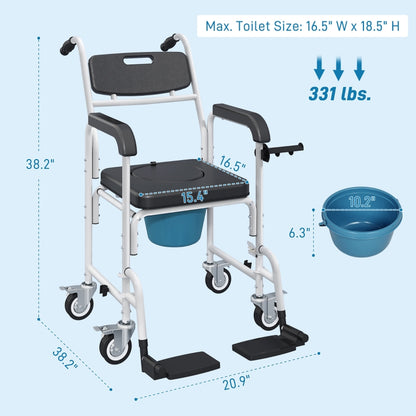 4-in-1 Rolling Shower Wheelchair Commode Chair for Seniors & Adults