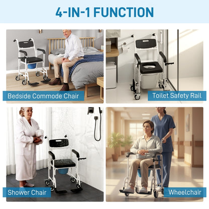 4-in-1 Rolling Shower Wheelchair Commode Chair for Seniors & Adults