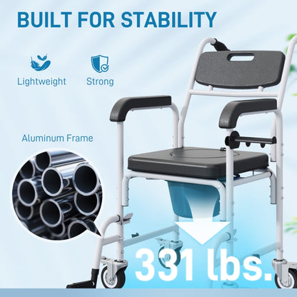4-in-1 Rolling Shower Wheelchair Commode Chair for Seniors & Adults