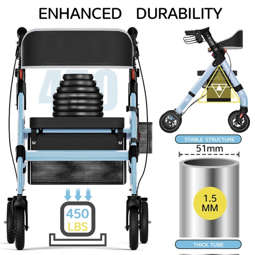 Foldable Heavy-Duty Rollator Walkers with Seat for Seniors, Blue