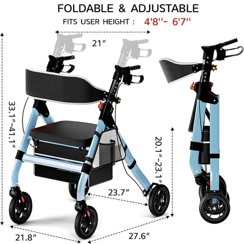 Foldable Heavy-Duty Rollator Walkers with Seat for Seniors, Blue