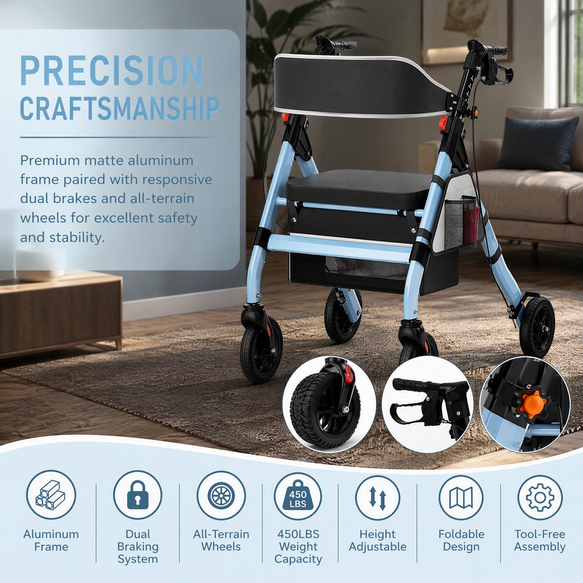 Foldable Heavy-Duty Rollator Walkers with Seat for Seniors, Blue