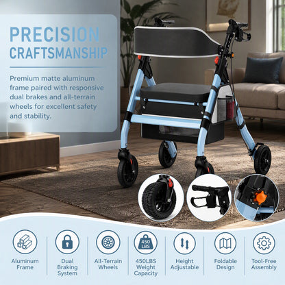 Foldable Heavy-Duty Rollator Walkers with Seat for Seniors, Blue