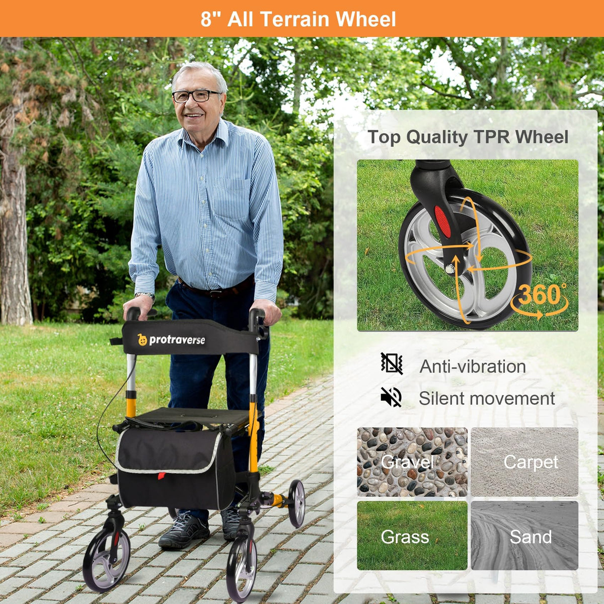 all terrain rollator with 8 inch wheels#ar60 orange