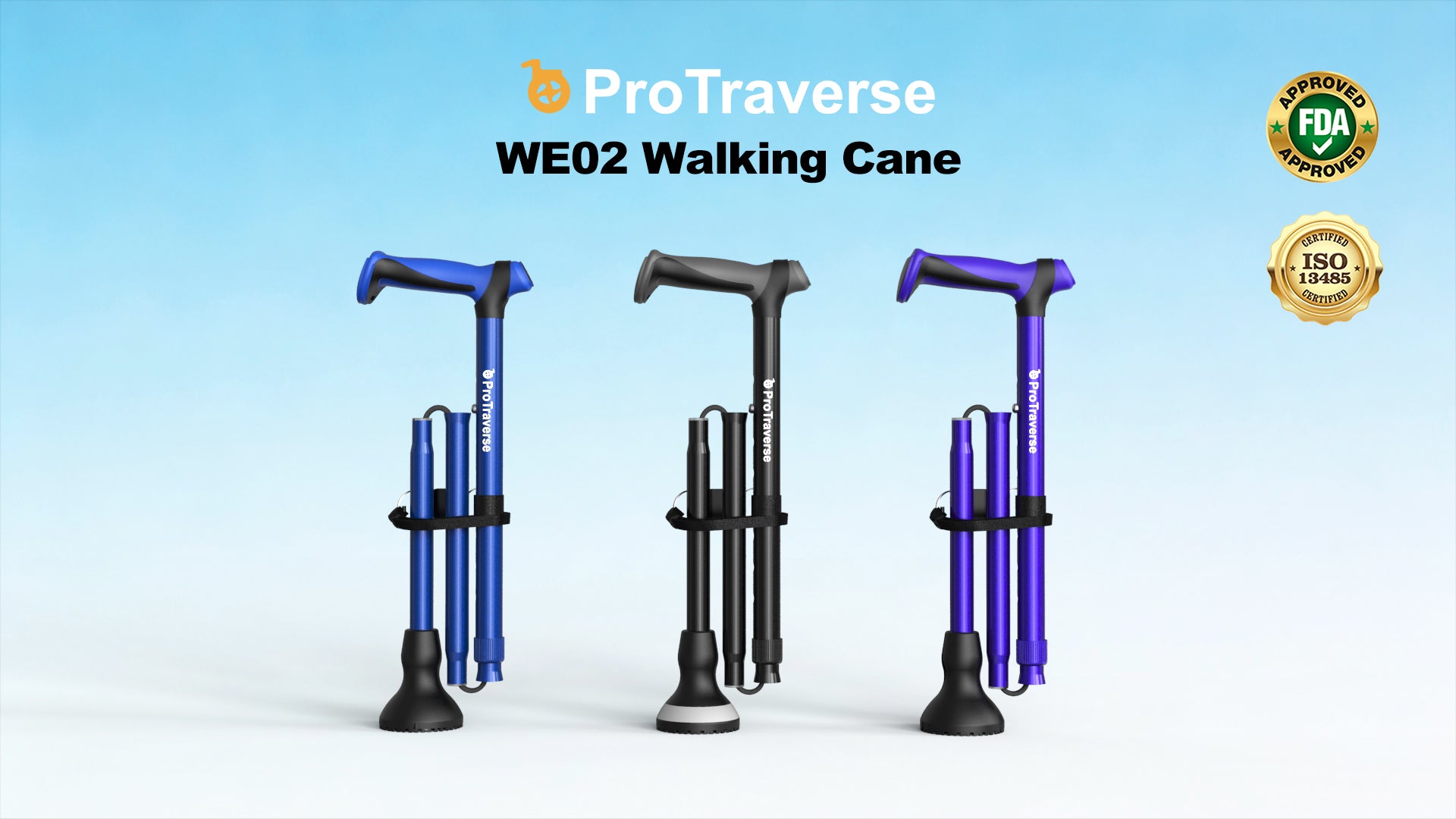 Load video: Protraverse walking cane wth a wrist strap and an ID tag for emergency. Best for users 4'8"–6'5", adjustable from 30.7”–37.8”