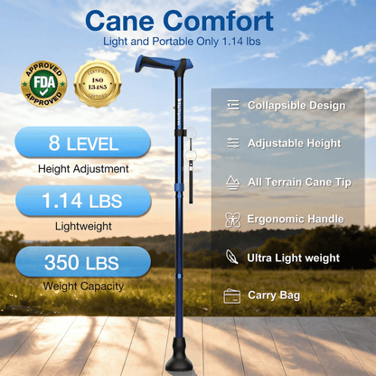 Foldable Lightweight Walking Cane for Seniors with Wrist Strap & Emergency ID Tag