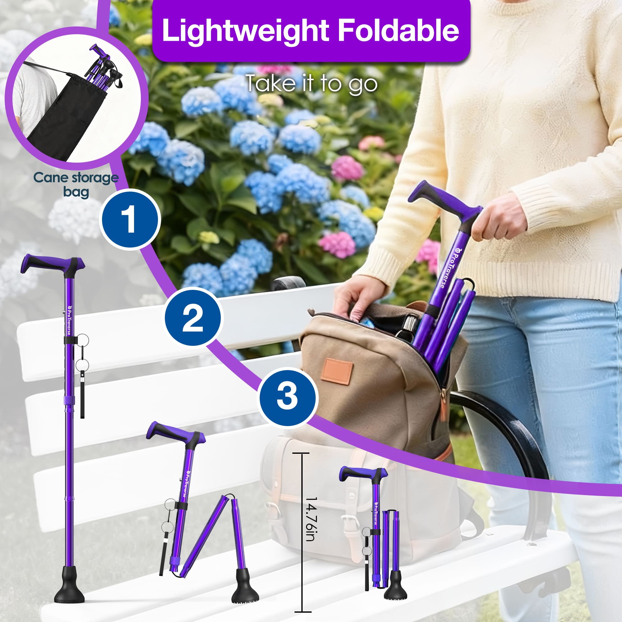 Foldable Lightweight Walking Cane for Seniors with Wrist Strap & Emergency ID Tag