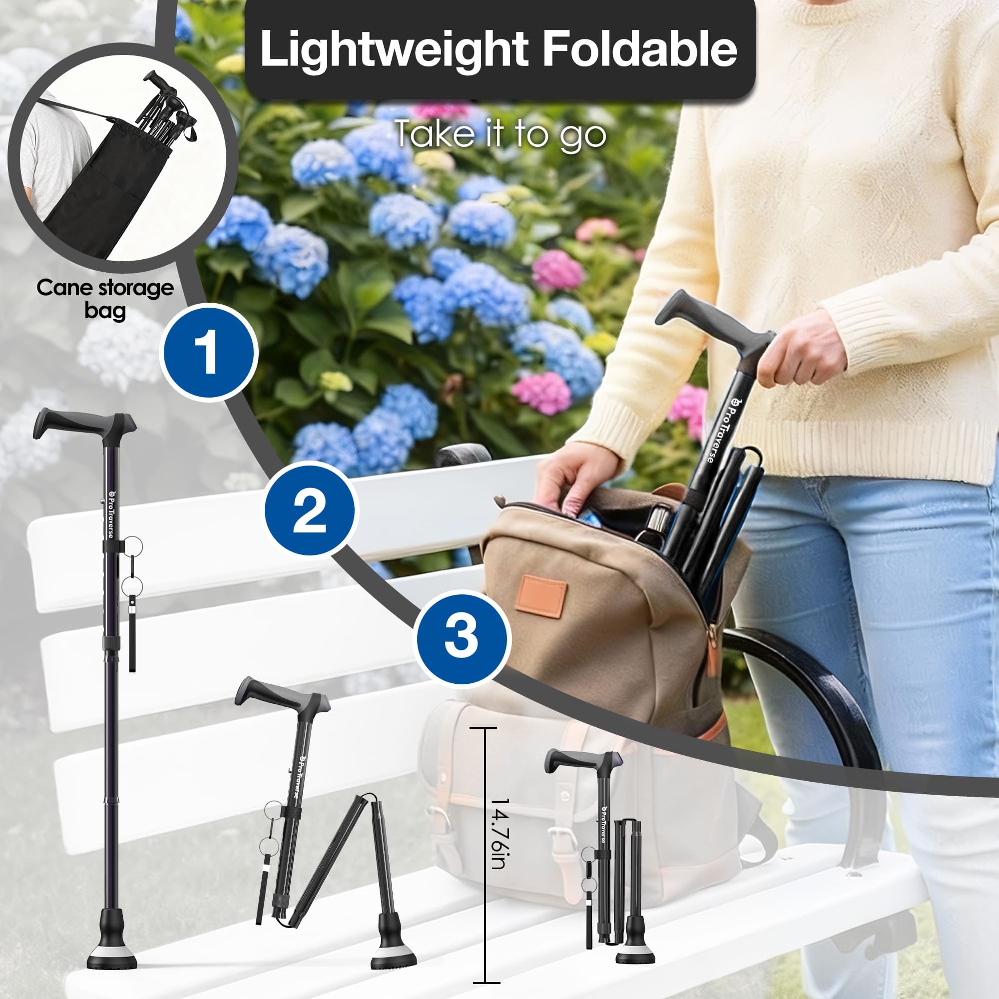 Foldable Lightweight Walking Cane for Seniors with Wrist Strap & Emergency ID Tag