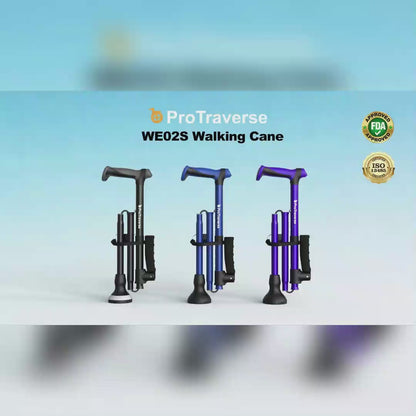 Lightweight Folding Walking Cane for Seniors with Side Support Handle, Wrist Strap & Emergency ID Tag