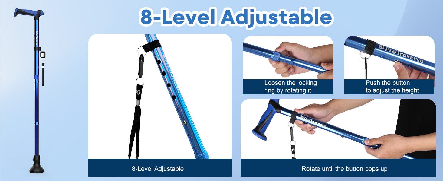 Adjustable aluminum walking cane supporting higher weight capacity